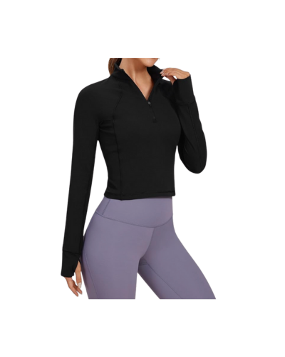 Women’s cropped long sleeve workout shirt with half-zip closure, stand collar, and thumbholes, made from buttery soft Butterluxe fabric.