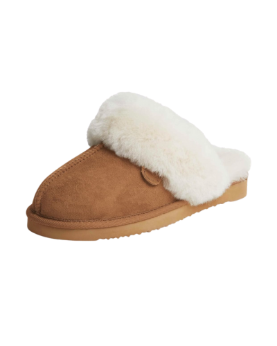 Women’s shearling slippers in chestnut suede with plush 100% Australian sheepskin lining, cozy slip-on design, and durable EVA sole.