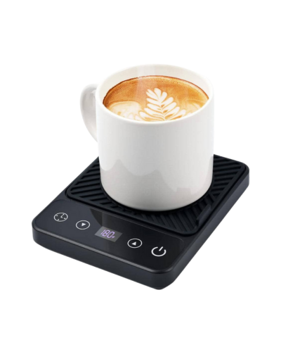 Electric coffee mug warmer with adjustable temperature, digital timer display, white base