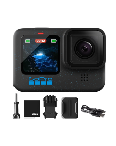 GoPro HERO12 Black action camera in waterproof housing, recording 5.3K video with stabilization