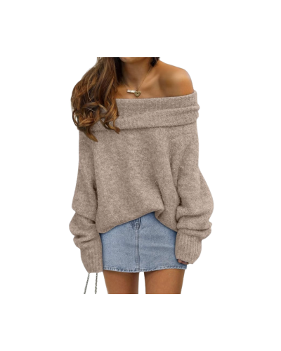 Cozy oversized off-the-shoulder sweater for women with batwing sleeves and loose pullover fit, soft knit fabric in apricot color.