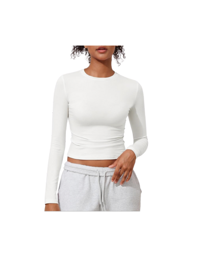 Women’s slim-fit long sleeve cotton crop top in off-white, stretchy lightweight fabric with crew neckline.