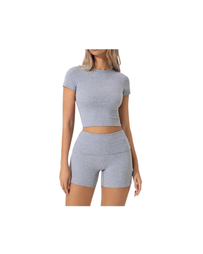 QINSEN women's 2-piece lounge set with slim fitted short sleeve crop top and fold-over shorts, casual and comfy