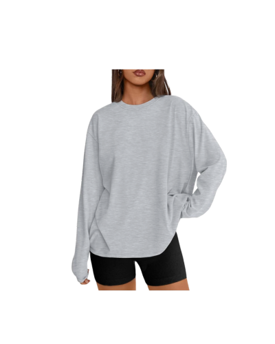 Women’s oversized long sleeve t-shirt in light grey with relaxed fit, soft stretchy fabric, and classic crew neckline.