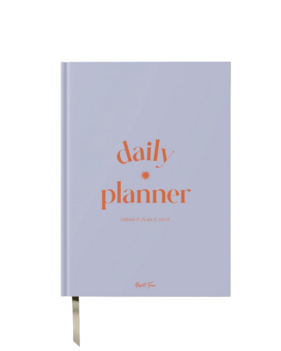 Yop & Tom undated daily planner in purple and orange with time slots, weekly and monthly spreads, productivity goal tracking pages, and spiral binding for work and personal organization