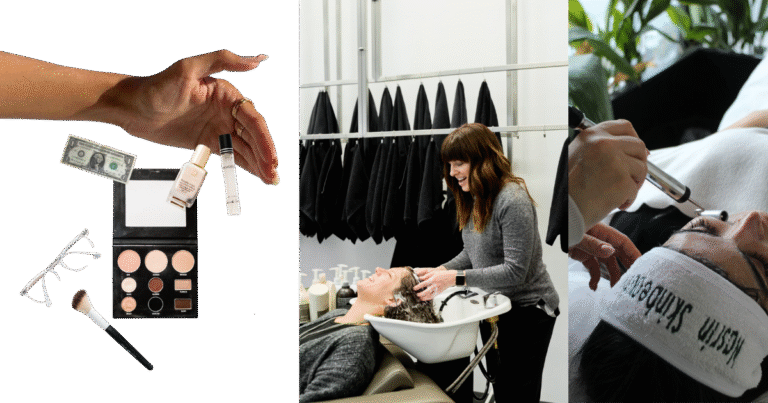 Three-panel collage showing beauty side hustles: hand holding makeup products and palette with cash representing earnings, hairstylist washing client's hair at salon, and close-up of microblading eyebrow service being performed