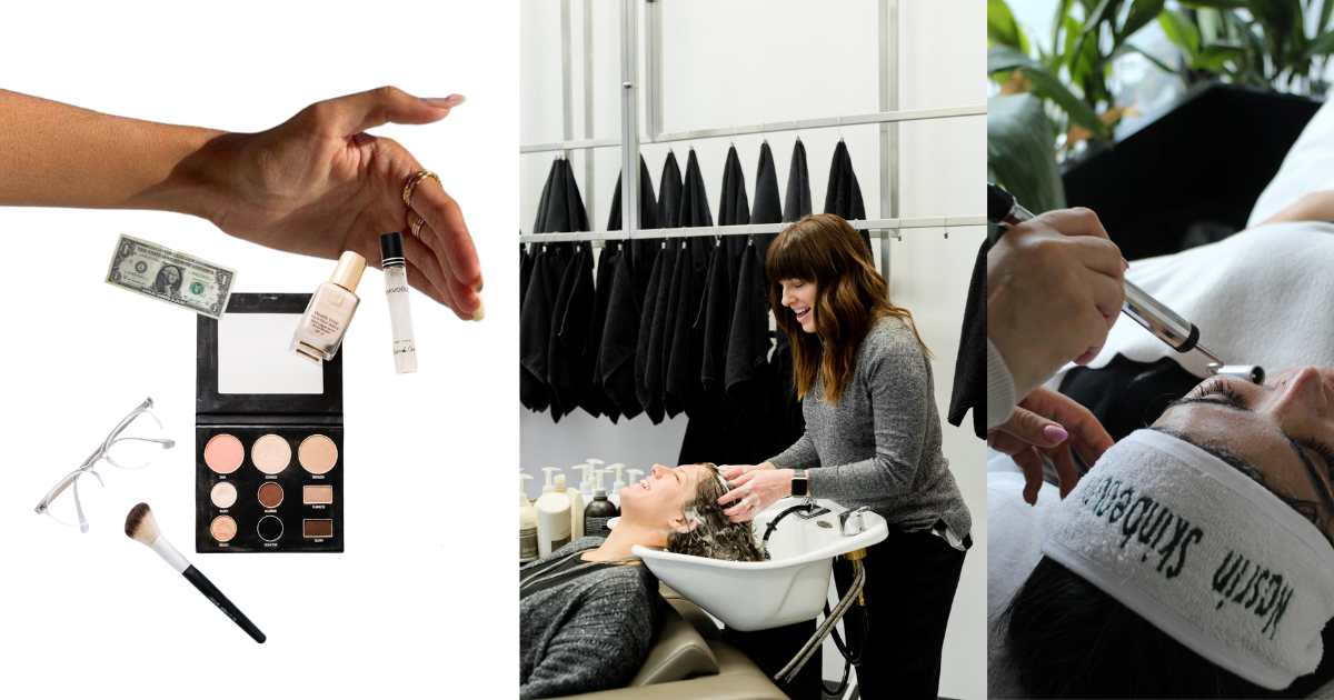 Three-panel collage showing beauty side hustles: hand holding makeup products and palette with cash representing earnings, hairstylist washing client's hair at salon, and close-up of microblading eyebrow service being performed